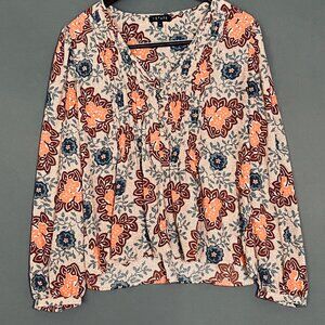 NWT 1.State Brown Henley V Neck Long Sleeve Blouse Floral Boho Large